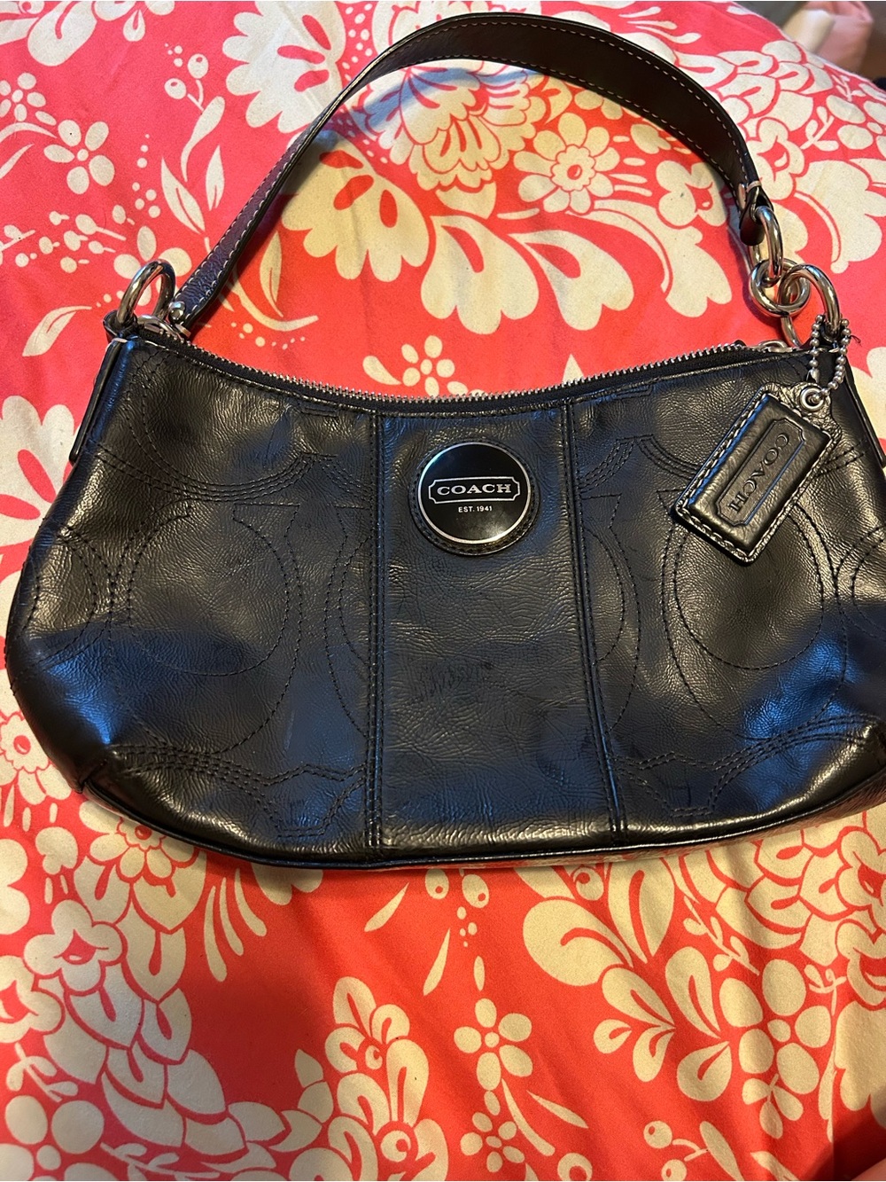 Coach Black Leather Signature Shoulder Bag with Logo Plaque